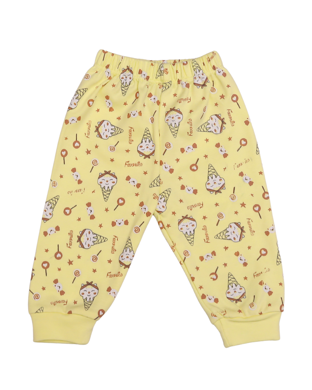 Close-up of lemon yellow baby trousers with all-over ice cream cone, lollipop and star print