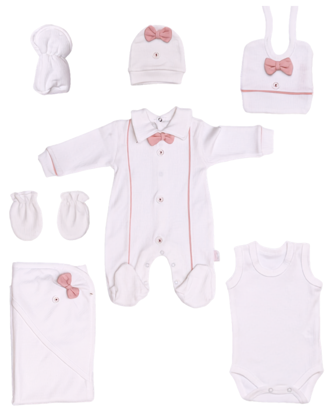 8-piece newborn gift set for baby girls — white sleepsuit, bodysuit, hat, mittens, bib and blanket with dusty pink bow details