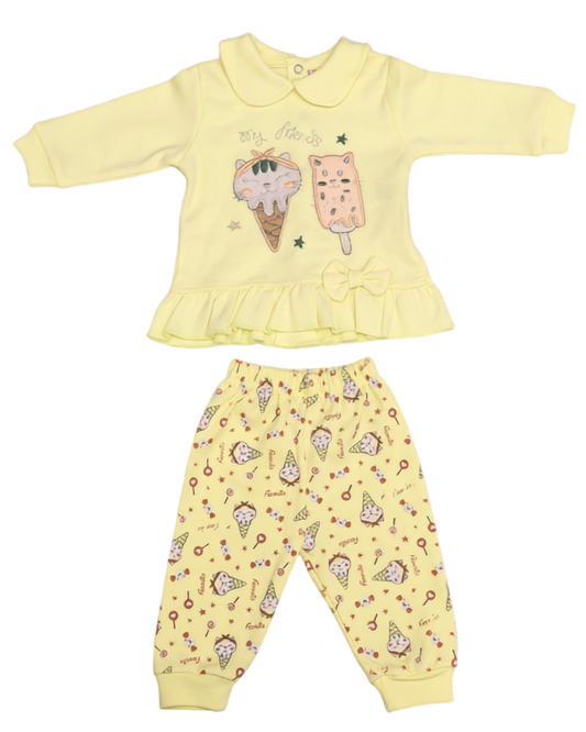 2-piece lemon yellow baby girl set — long-sleeve ice cream embroidery top with ruffle hem and matching ice cream print trousers