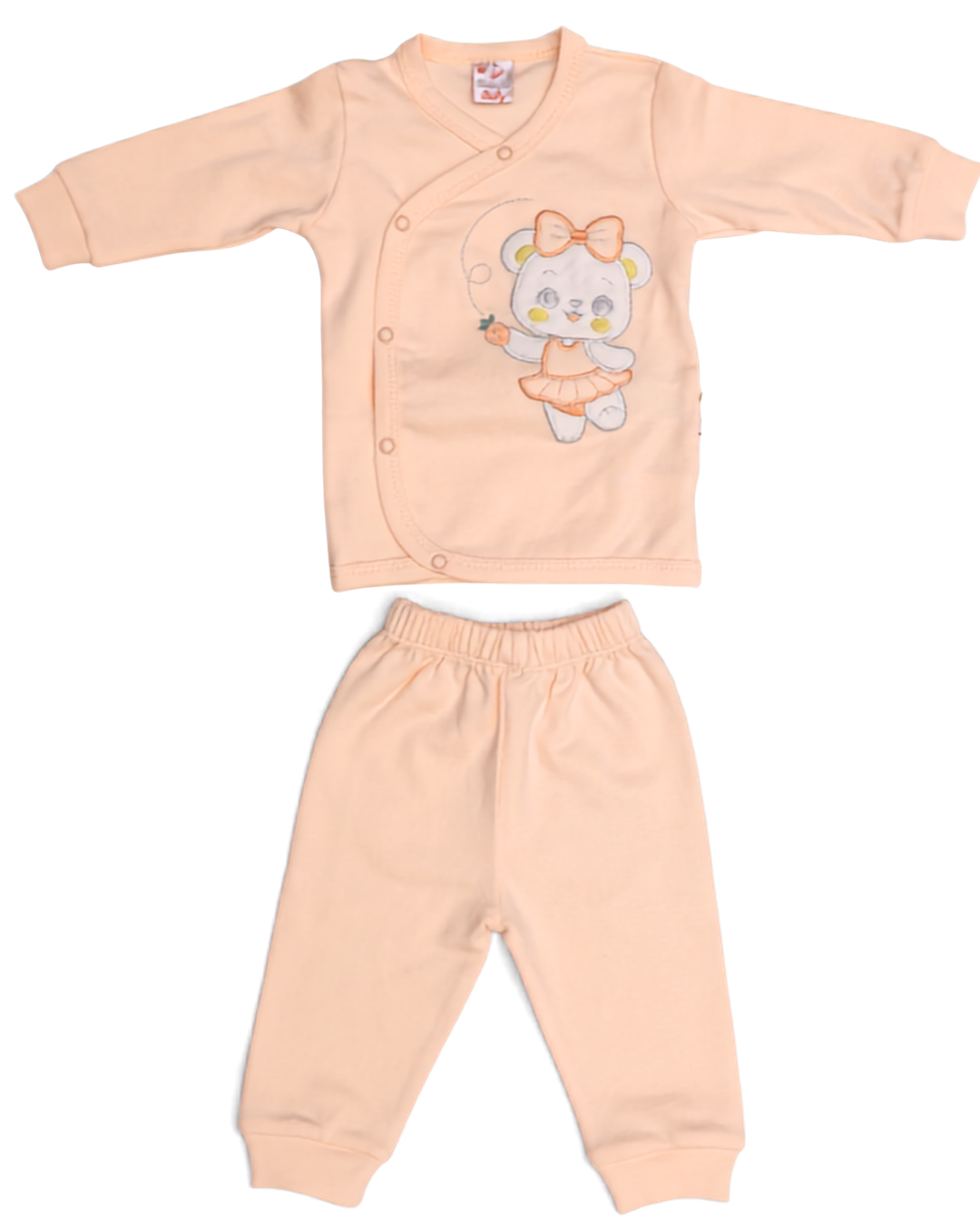 2-piece peach baby girl set — long-sleeve ballerina bear embroidery top with side snap buttons and plain matching trousers