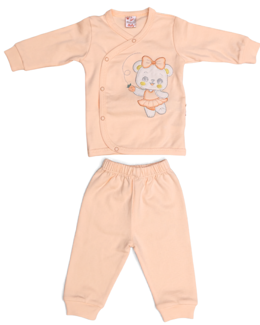 2-piece peach baby girl set — long-sleeve ballerina bear embroidery top with side snap buttons and plain matching trousers