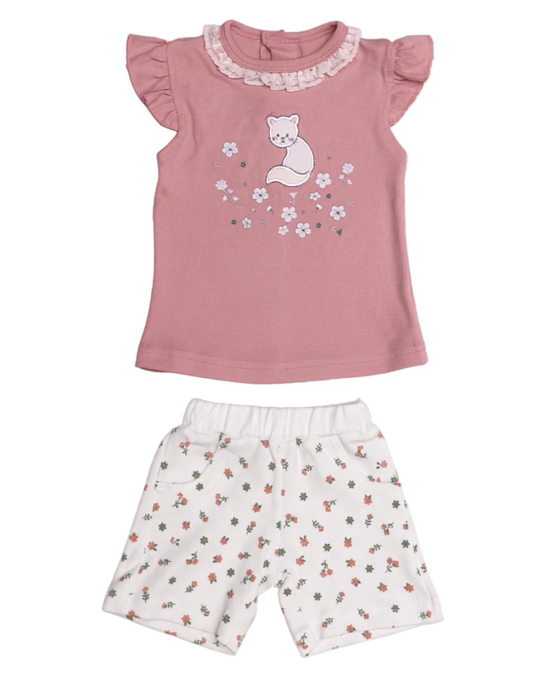 2-piece baby girl set — dusty rose flutter-sleeve top with fox embroidery and white floral shorts