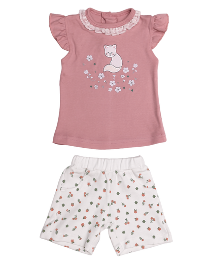 2-piece baby girl set — dusty rose flutter-sleeve top with fox embroidery and white floral shorts