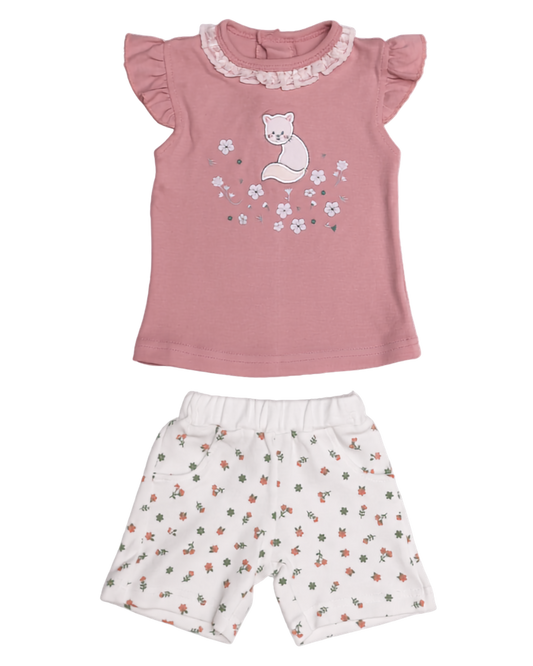 2-piece baby girl set — dusty rose flutter-sleeve top with fox embroidery and white floral shorts