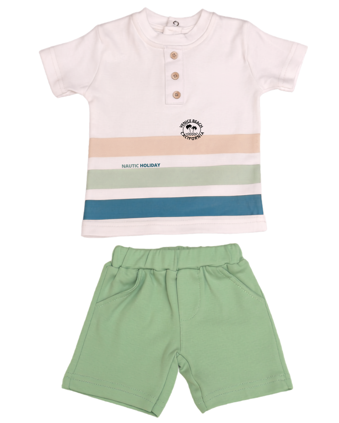 2-piece baby boy set — white Venice Beach tee with stripe print and sage green shorts