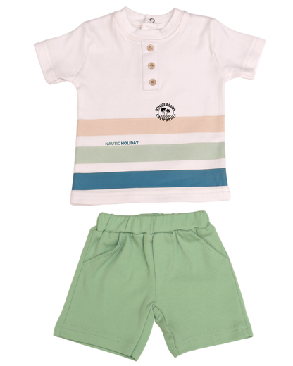 2-piece baby boy set — white Venice Beach tee with stripe print and sage green shorts