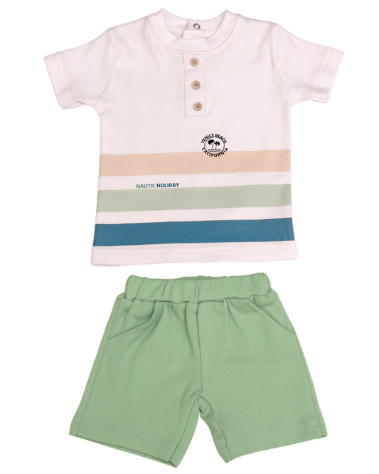 2-piece baby boy set — white Venice Beach tee with stripe print and sage green shorts