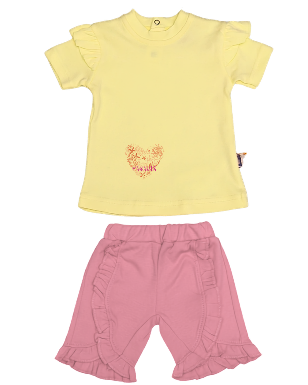 2-piece baby girl set — lemon yellow flutter top with Paradis tropical heart embroidery and blush pink ruffle shorts