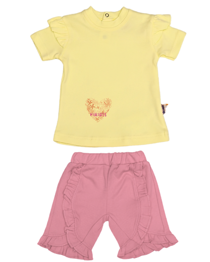 2-piece baby girl set — lemon yellow flutter top with Paradis tropical heart embroidery and blush pink ruffle shorts