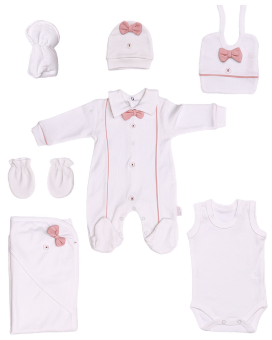 8-piece newborn gift set for baby girls — white sleepsuit, bodysuit, hat, mittens, bib and blanket with dusty pink bow details